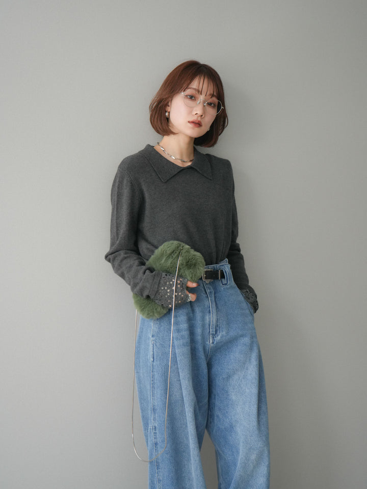 [SET]スカラップレース袖襟付きニットトップス+選べるアクセセット(2set)