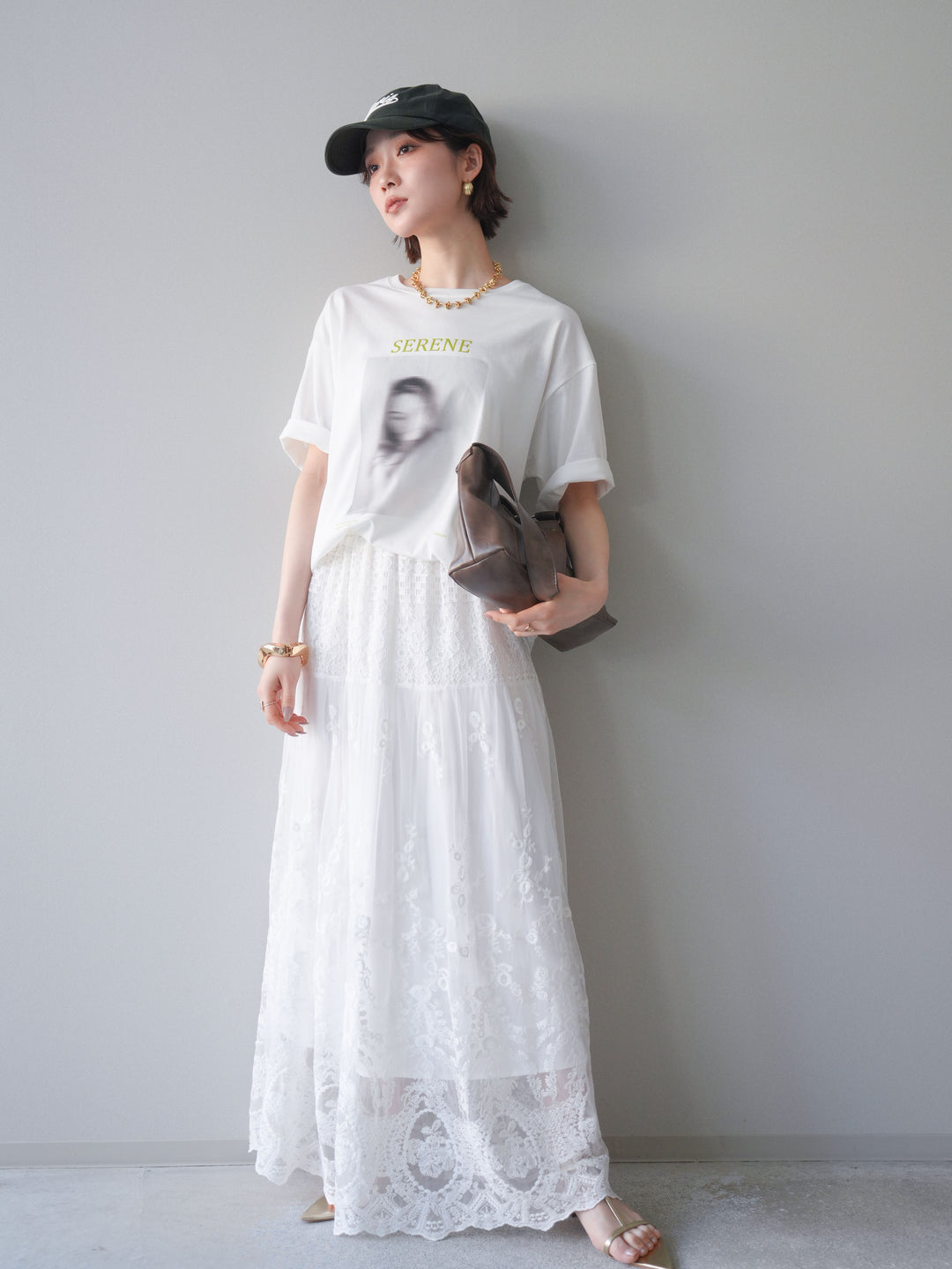 [SET]ブラーアートフォトTシャツ+シアーレースマキシスカート(2set)