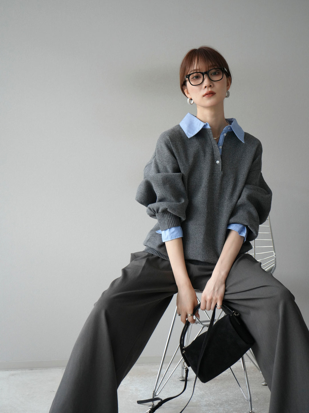 【SET】翻領polo針織套衫+雙褶闊腿褲（2件組）