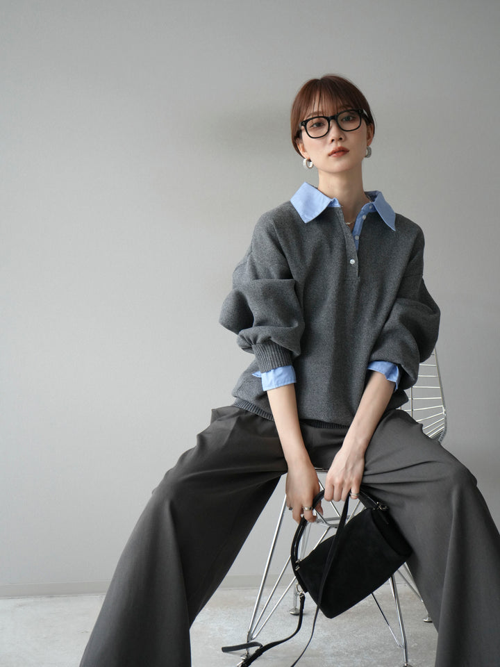 【SET】翻領polo針織套衫+雙褶闊腿褲（2件組）