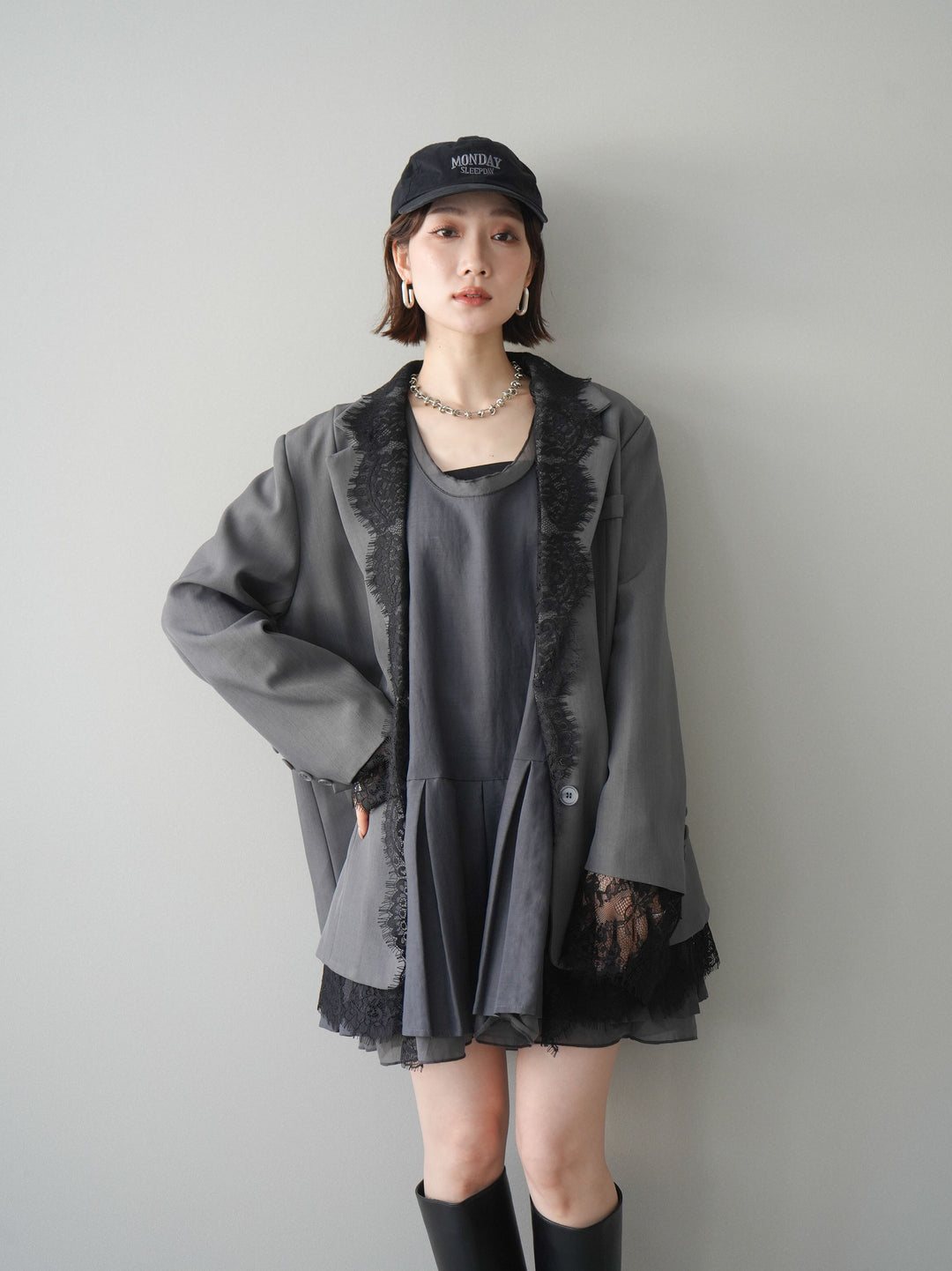 [予約]チュールドッキング裾プリーツミニワンピース/charcoal