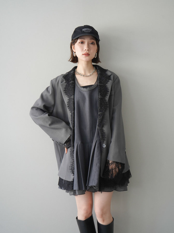 [予約]チュールドッキング裾プリーツミニワンピース/charcoal