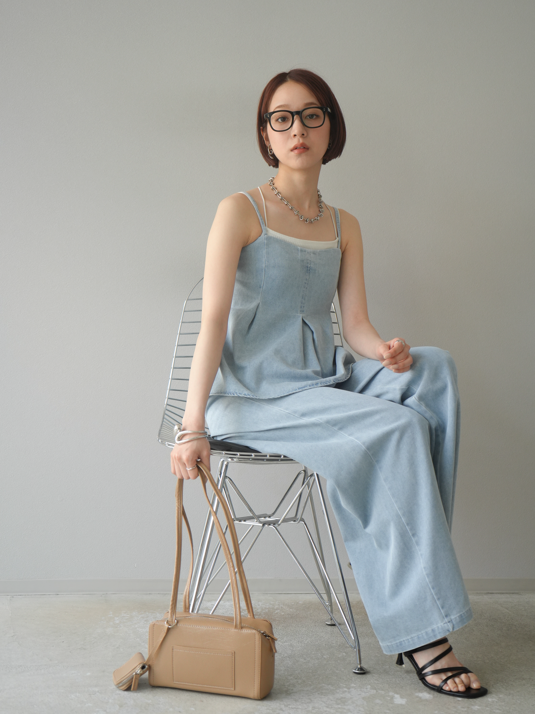 [SET]デニムタックフレアキャミソール＆イージーワイドパンツSET UP(2set)