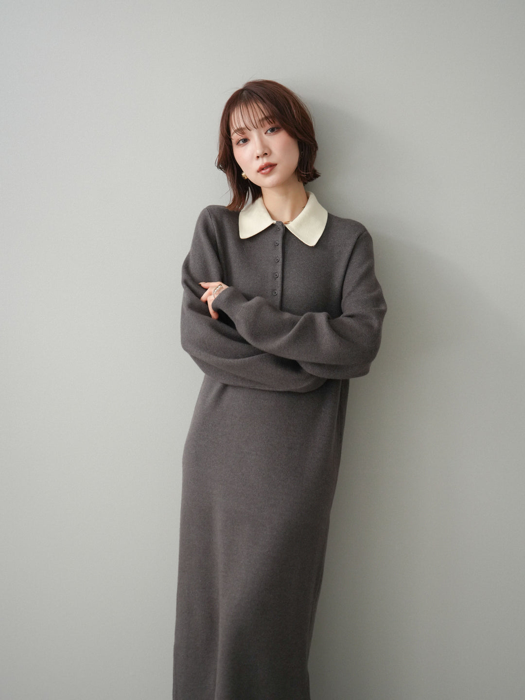 [予約]配色ポロニットワンピース/charcoal