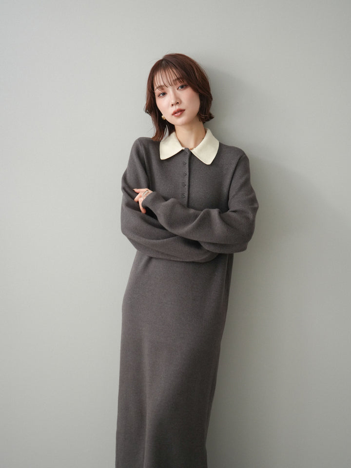 [予約]配色ポロニットワンピース/charcoal