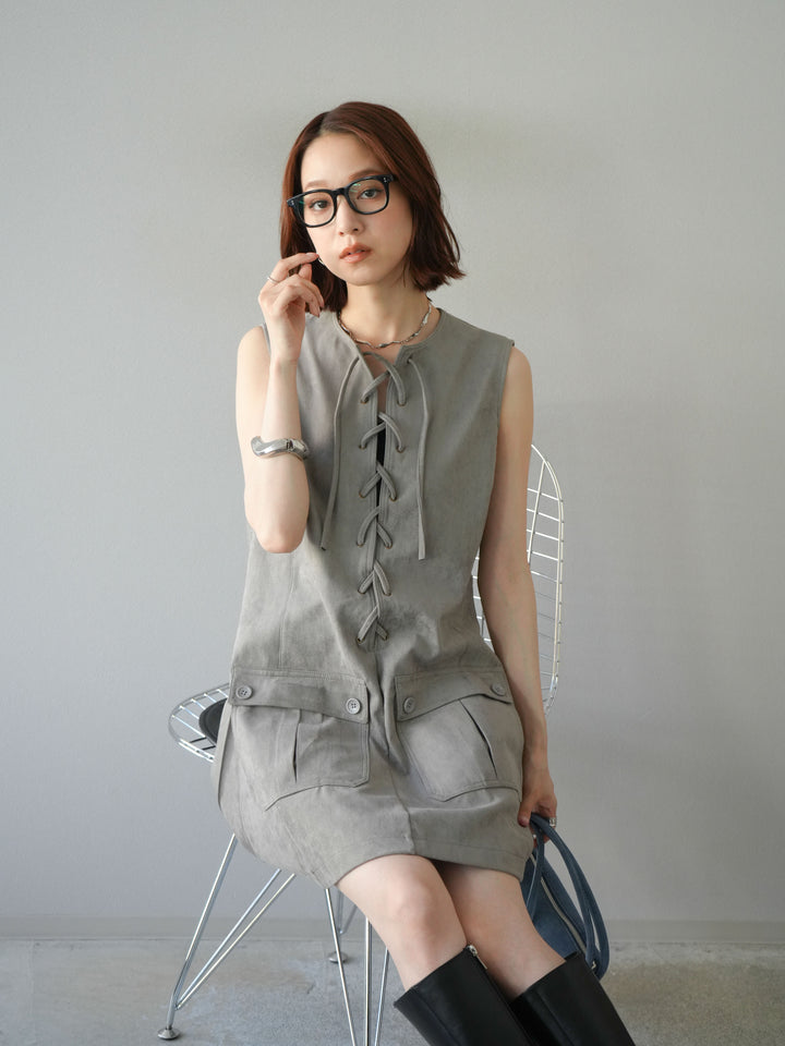 [予約]レースアップスエードミニワンピース/グレー