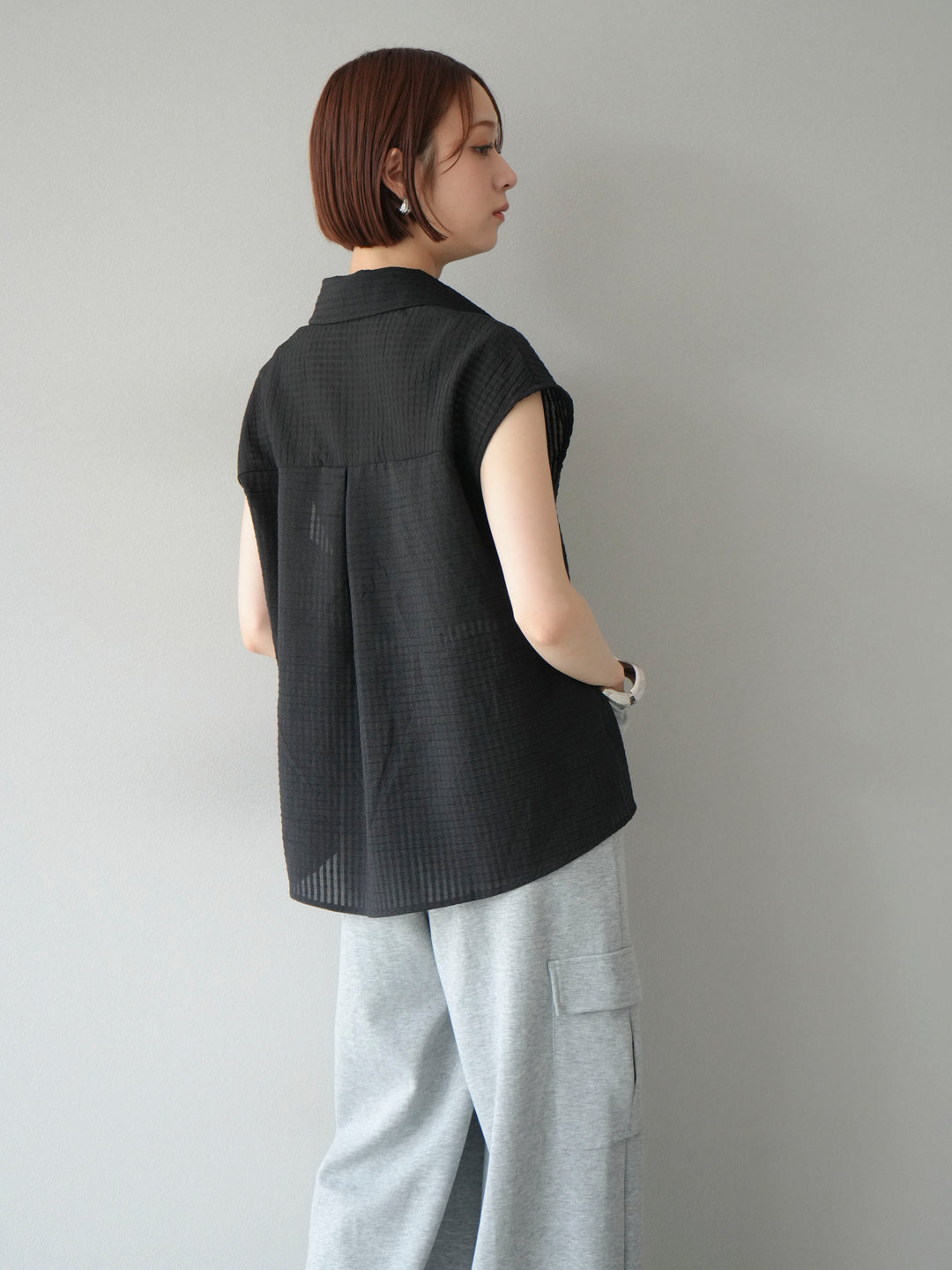 [予約]シアーチェックノースリーブシャツ/ブラック