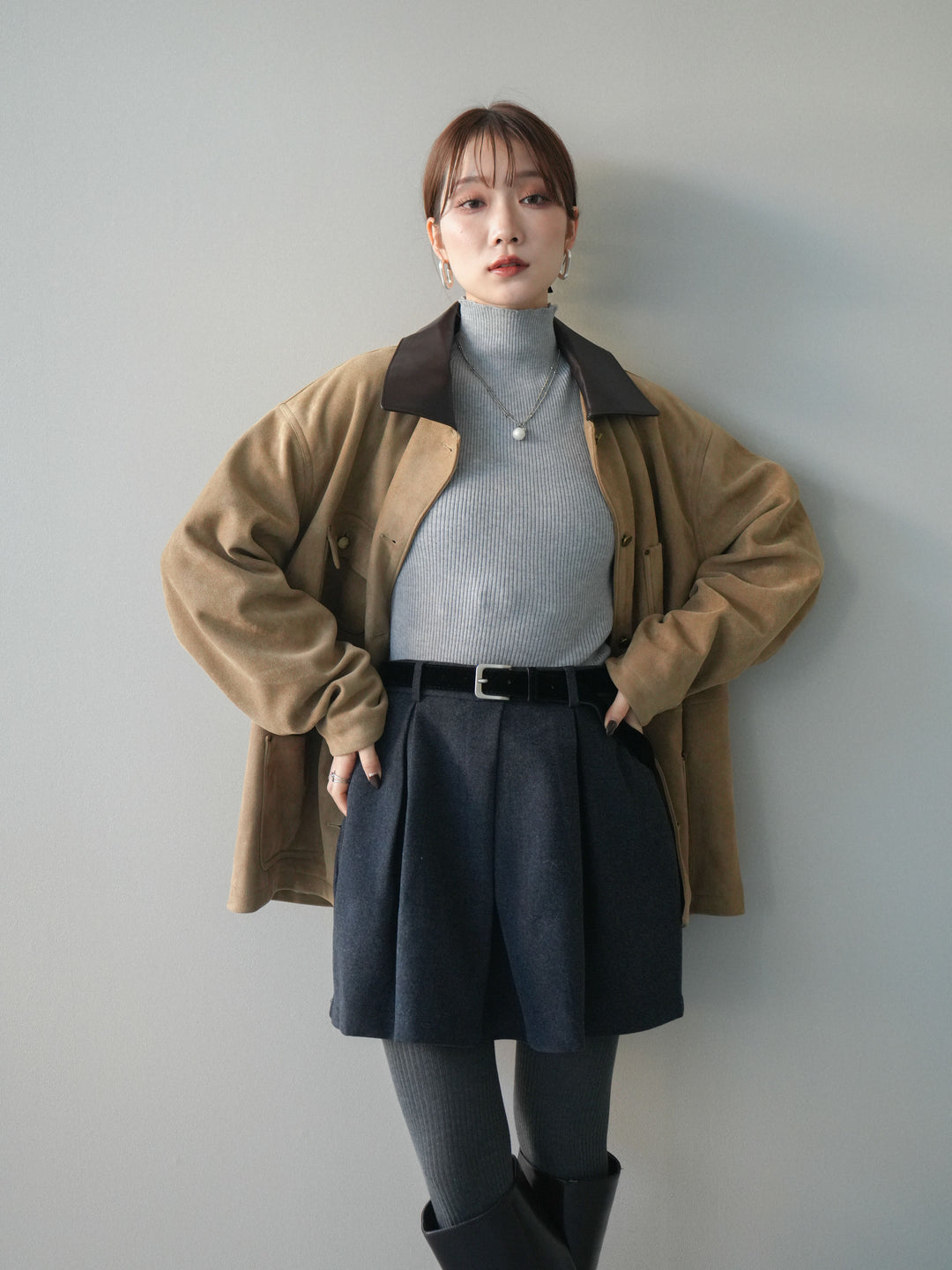 [予約]襟レザーステンカラースエードジャケット/beige