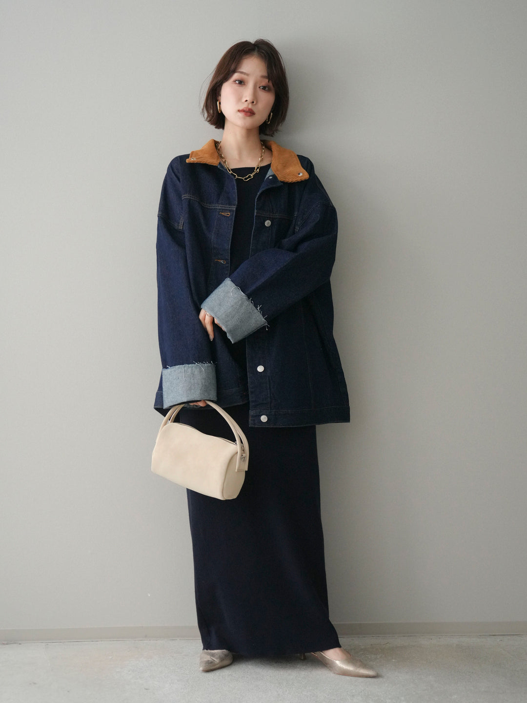 [SET]2WAYニットワンピース+コーデュロイ×デニムミドルジャケット(2set)