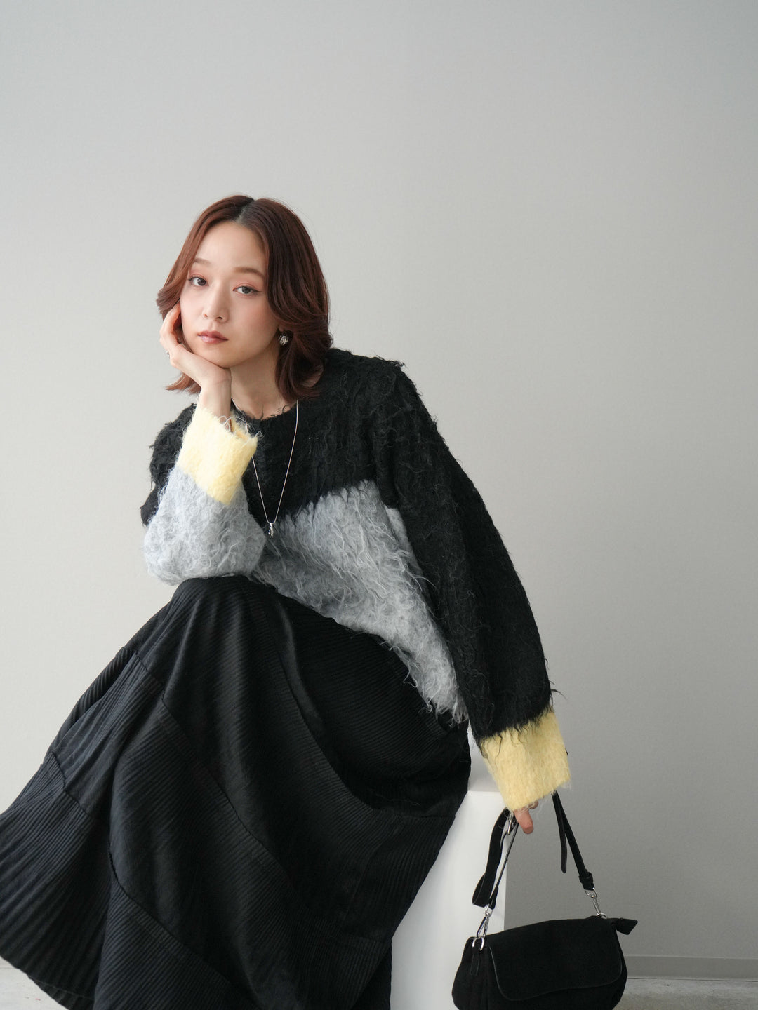 [SET]バイカラーモヘアタッチニットプルオーバー+型押しスエードティアードプリーツスカート(2set)