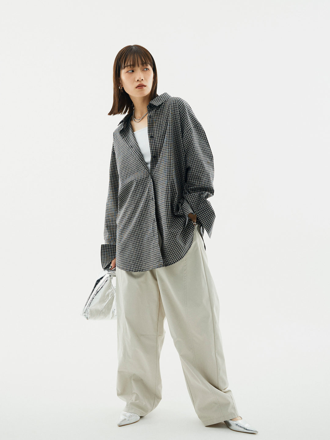 【Allure】[SET]チェックBIGカフスオーバーシャツ+タフタワイドカーブパンツ(2set)