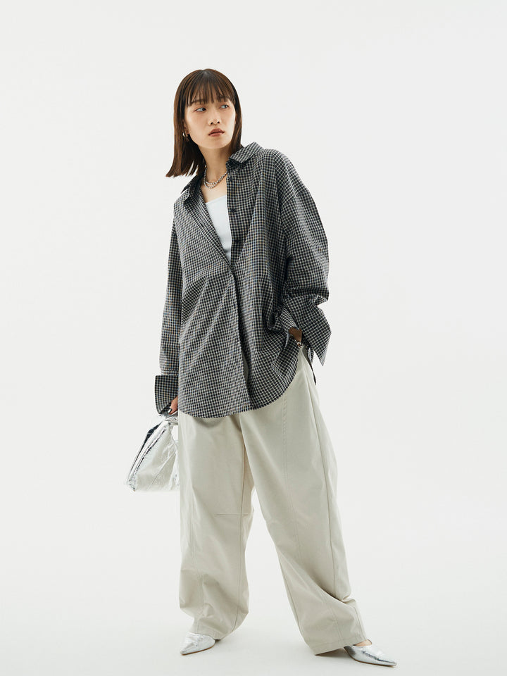 【Allure】[SET]チェックBIGカフスオーバーシャツ+タフタワイドカーブパンツ(2set)