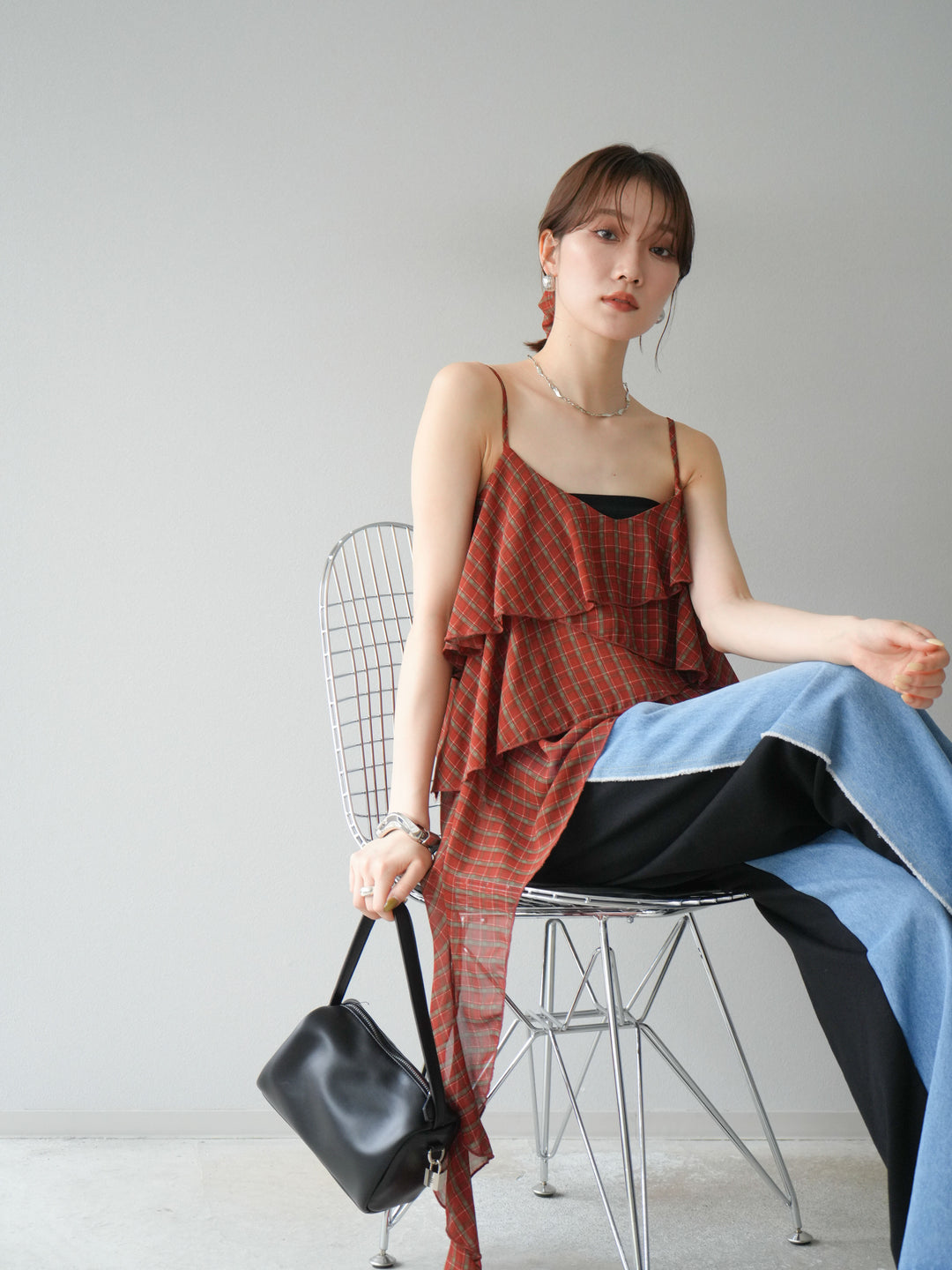 [予約]チェック柄ラッフルキャミソール/レッド