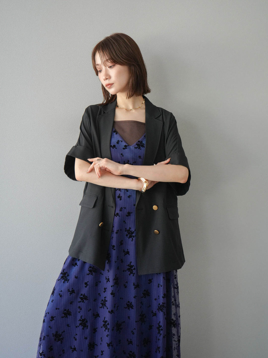 [套裝] 植絨薄紗層疊天鵝絨吊帶連身裙 + 金色紐帶半夾克 (2 套)