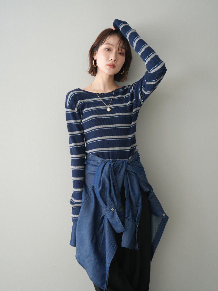 [予約]バックオープンテレコリブマルチボーダートップス/navy