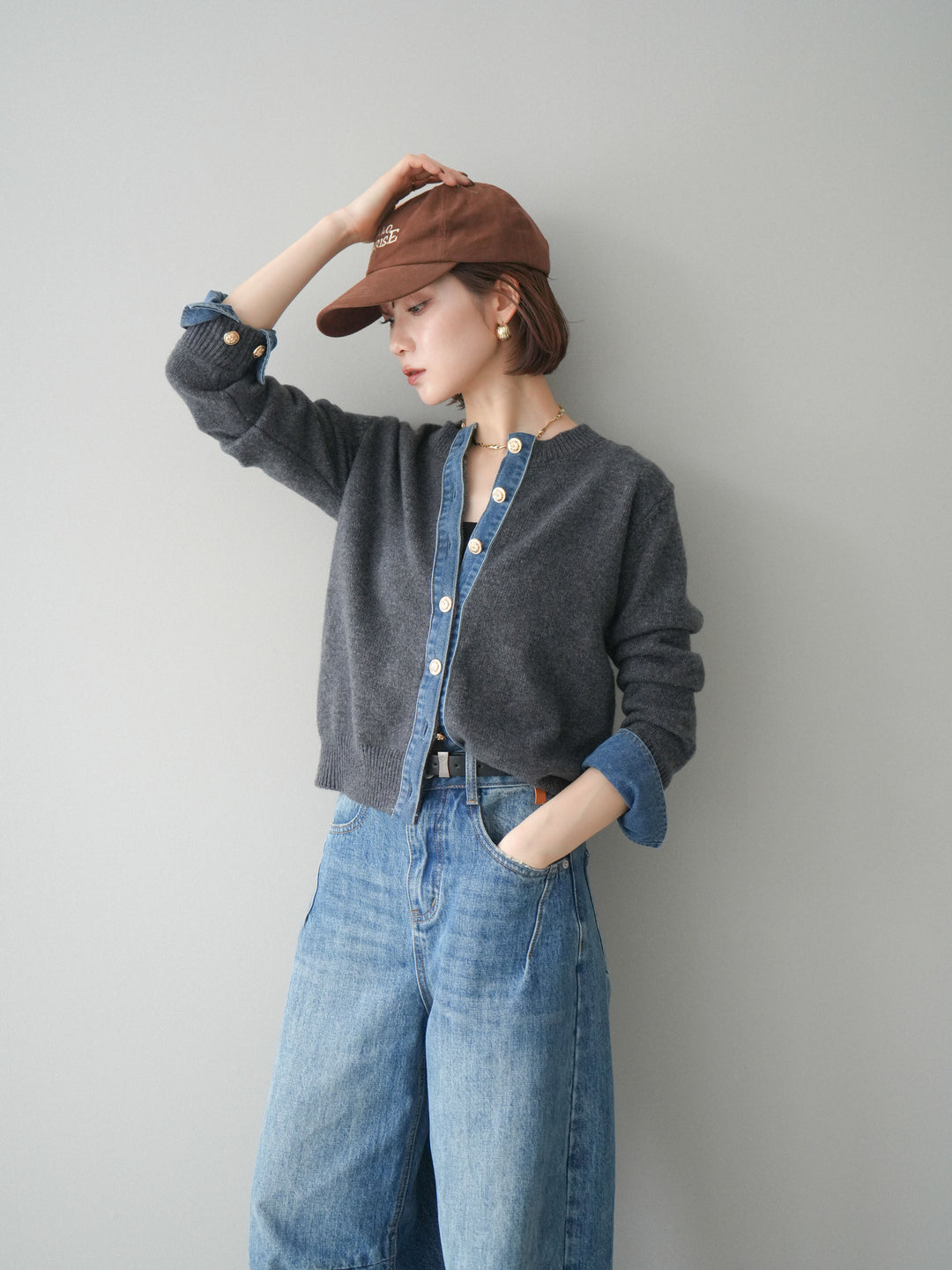 [SET]クルーネックデニムドッキングニットカーディガン+選べるアクセセット(2set)