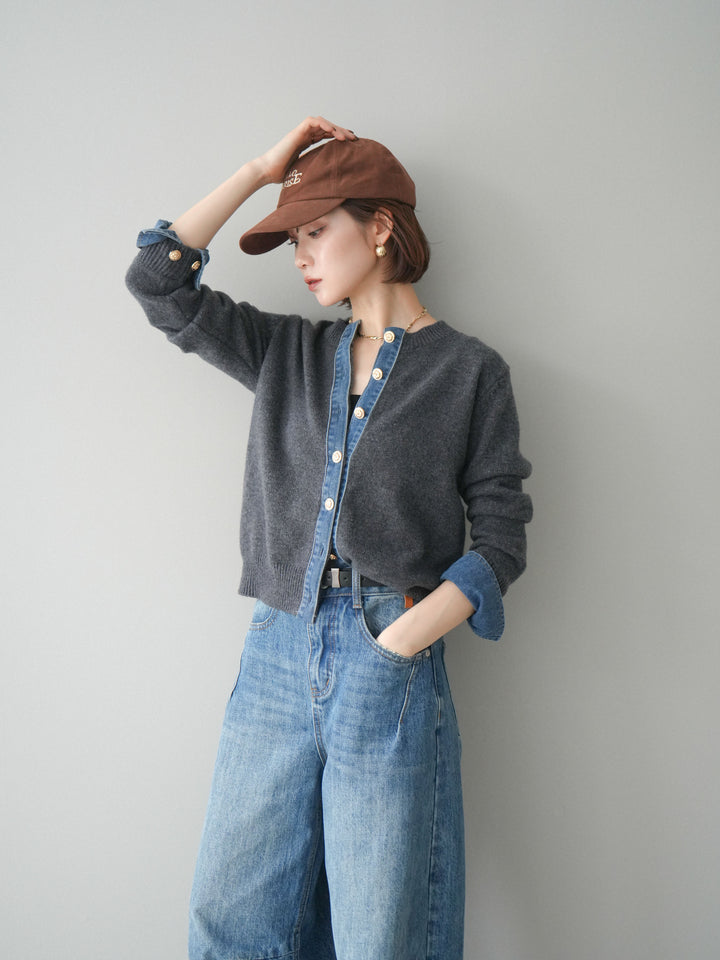 [SET]クルーネックデニムドッキングニットカーディガン+選べるアクセセット(2set)