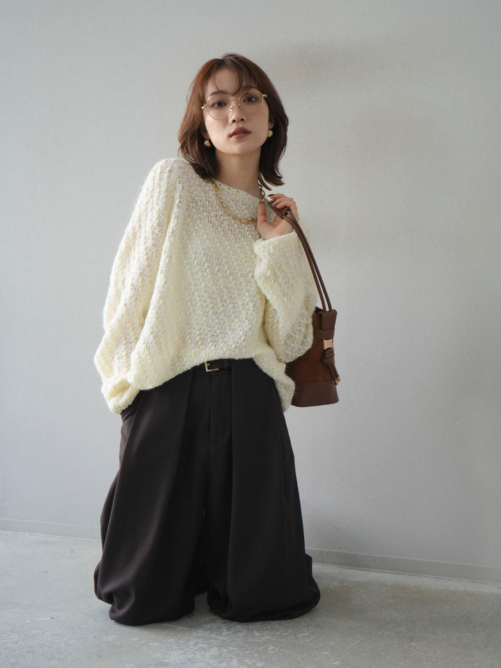 【着回しセット】[SET]求心柄クロップドニットカーディガン+異素材ミックスヤーンニットプルオーバー+ベルトループデザインワイドパンツ(3set)