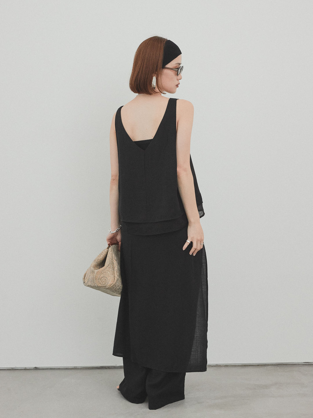 [予約]ワッシャーサテンレイヤードスカートパンツ/ブラック