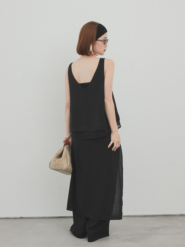 [予約]ワッシャーサテンレイヤードスカートパンツ/ブラック