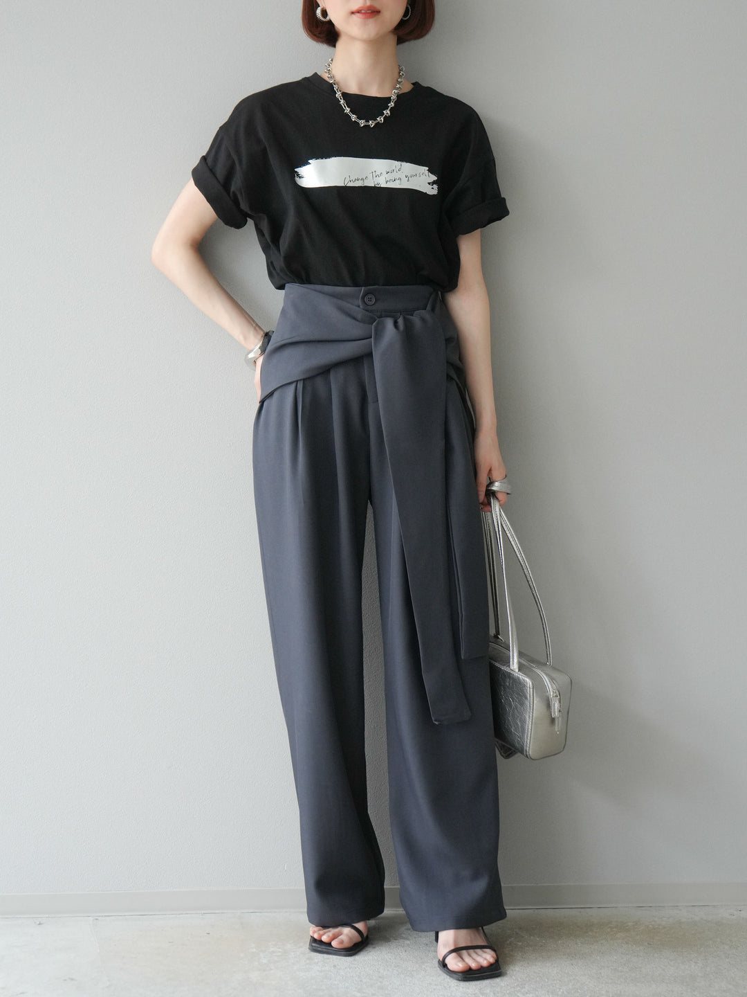 [予約]箔プリントTシャツ/ブラックシルバー