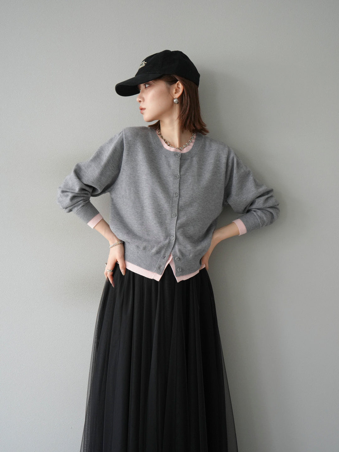 【預購】顏色協調的多層開襟衫/灰色