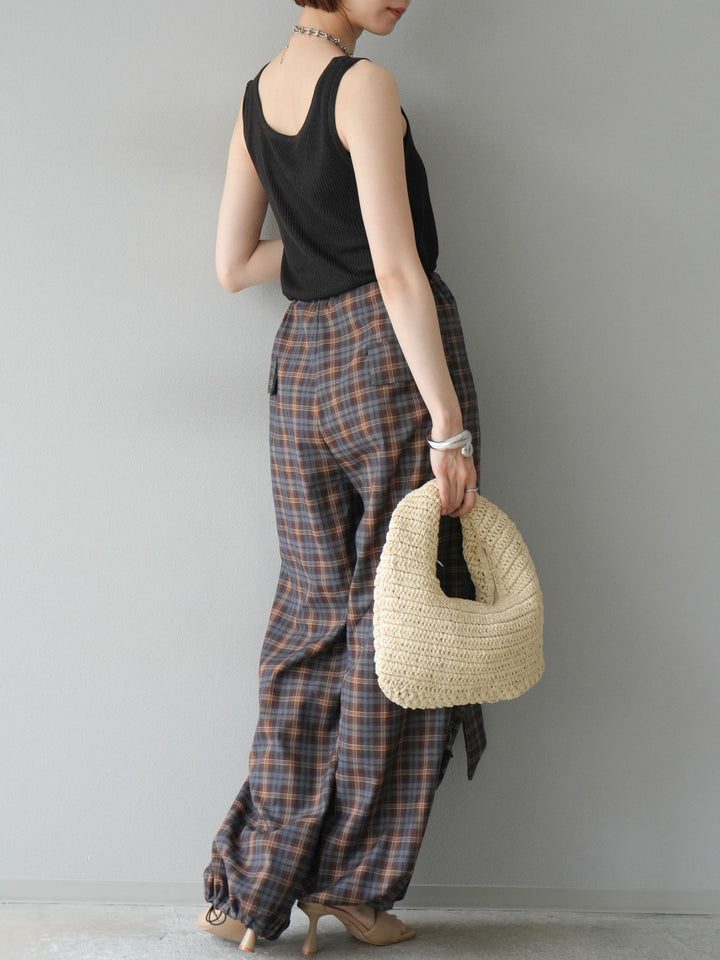 [予約]チェック柄ウエスト巻きドロストパンツ/ブラウン