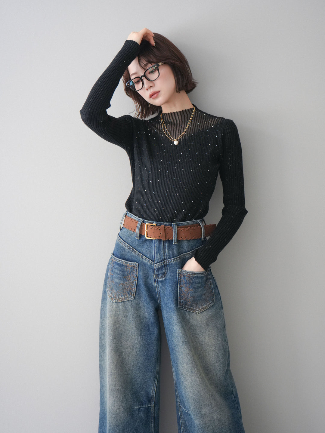 [予約]シアー切替スパンコールリブニットトップス/black