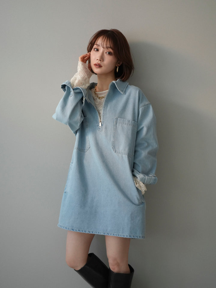 [SET]ハーフジップデニムミニワンピース+チュールレーストップス(2set)