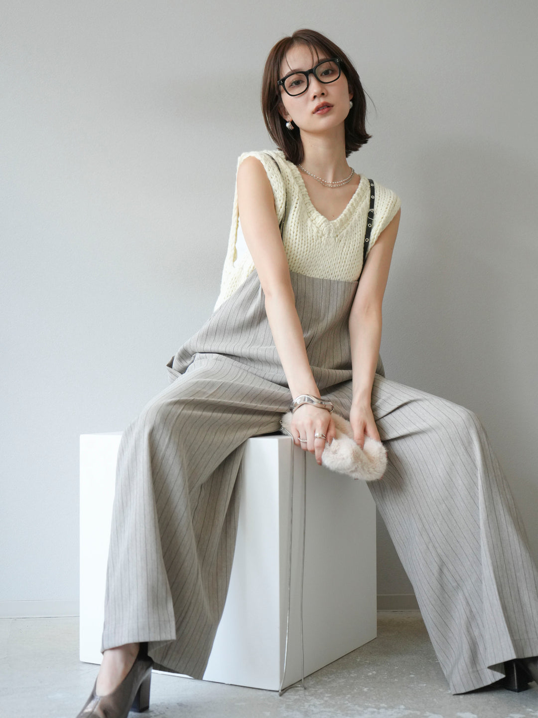 [予約]ヘリンボーンストライプサロペット/グレージュ