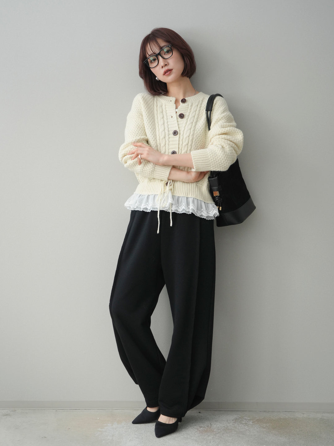 [SET]裾レースケーブルニットカーディガン+2WAYデザインスウェットパンツ(2set)
