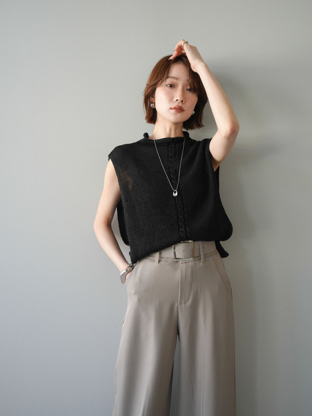 [予約]オープンサイドニットトップス/black