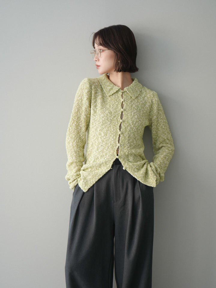 [予約]透かし編みブークレポロニットトップス/green
