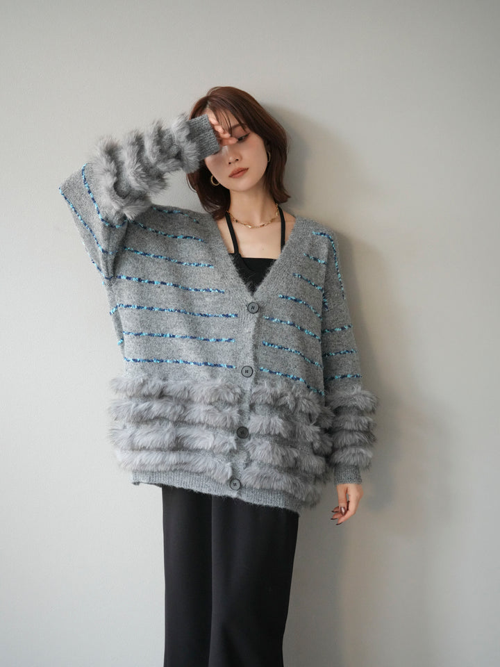 [予約]フェザーライン配色シャギーニットカーディガン/グレー
