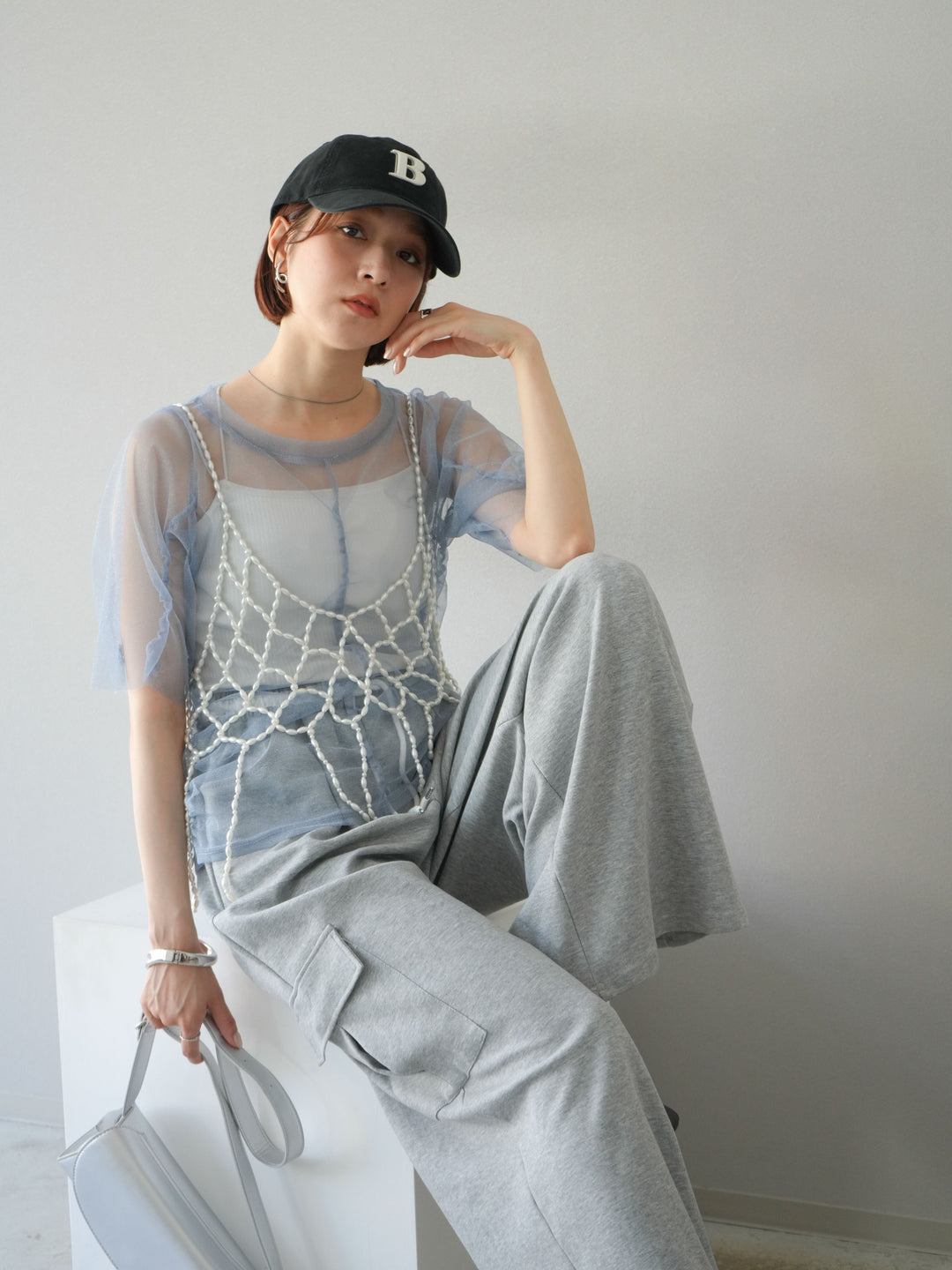 [SET]ラメチュールシャーリングプルオーバー+パールフリンジビスチェ+ウエストラインサイドポケットスウェットパンツ(3set)