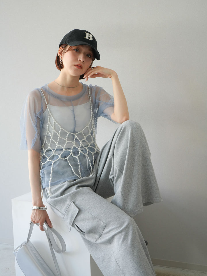 [SET]ラメチュールシャーリングプルオーバー+パールフリンジビスチェ+ウエストラインサイドポケットスウェットパンツ(3set)