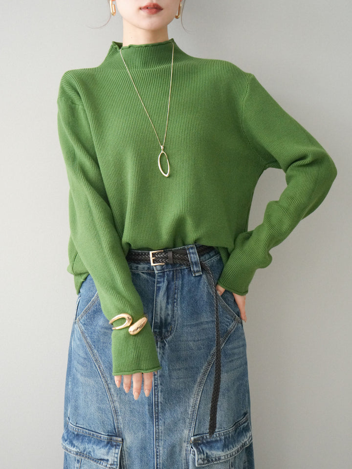 [予約]ボトルネック裾カールリブニットトップス/green