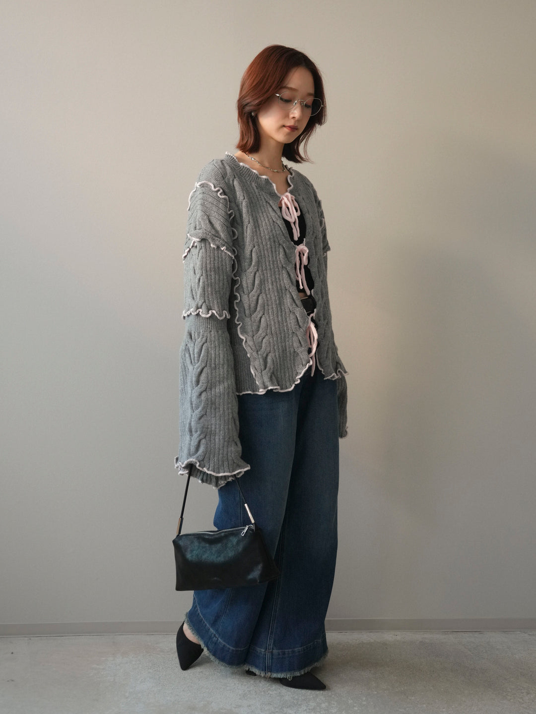 [SET]フロントリボン配色メローニットカーディガン+裏起毛裾フリンジワイドデニムパンツ(2set)