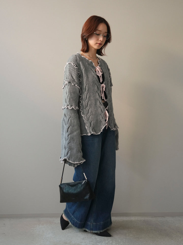 [SET]フロントリボン配色メローニットカーディガン+裏起毛裾フリンジワイドデニムパンツ(2set)