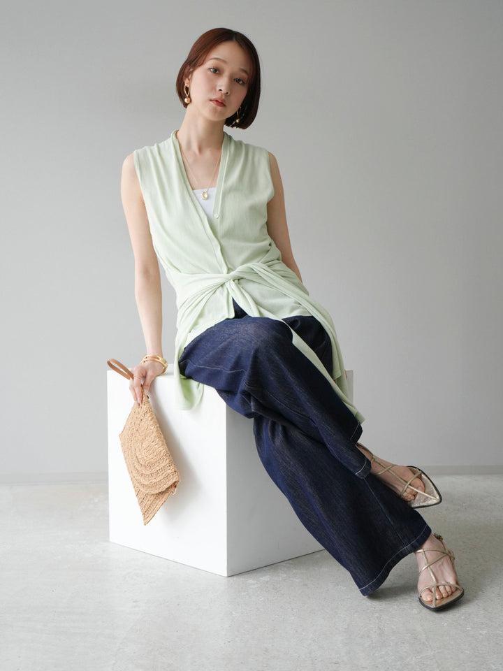 [SET]腰巻きデザインノースリーブニットカーディガン+ヒップデザインデニムパンツ(2set)