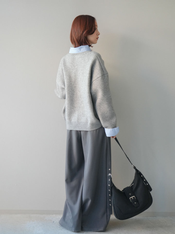 [SET]2WAYストライプ襟ニットプルオーバー+ベルトループデザインワイドパンツ(2set)
