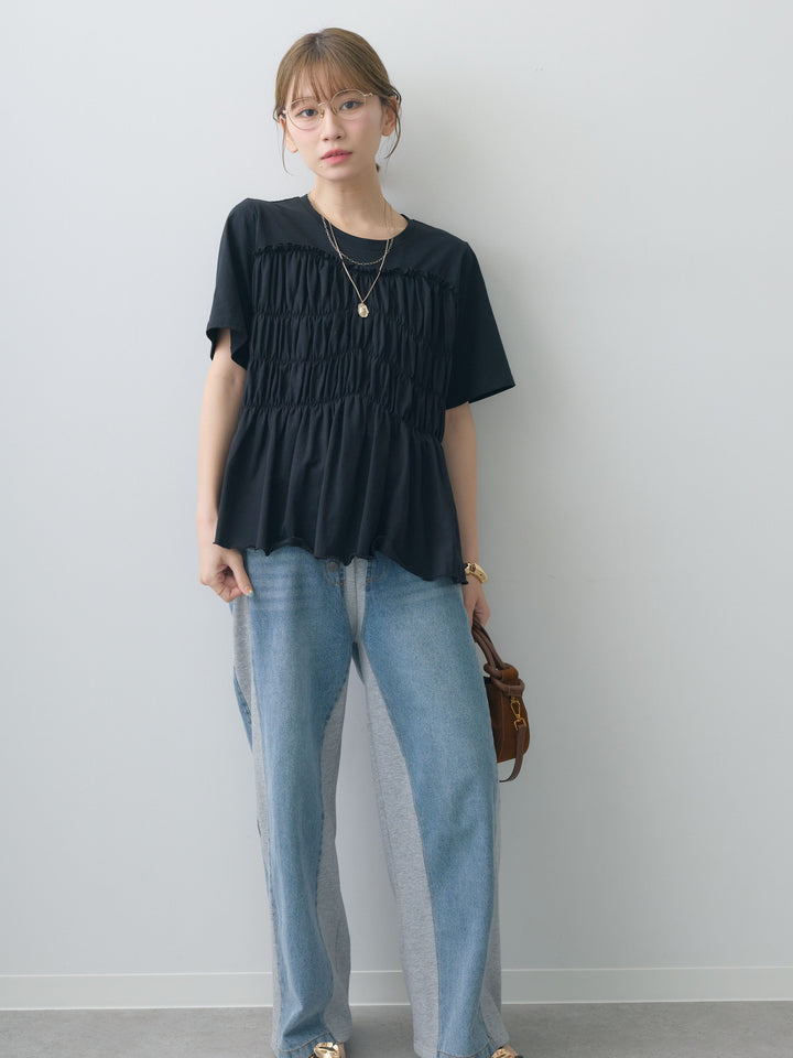 [SET]クールタッチシャーリングTEE+デニム切替スウェットパンツ(2set)