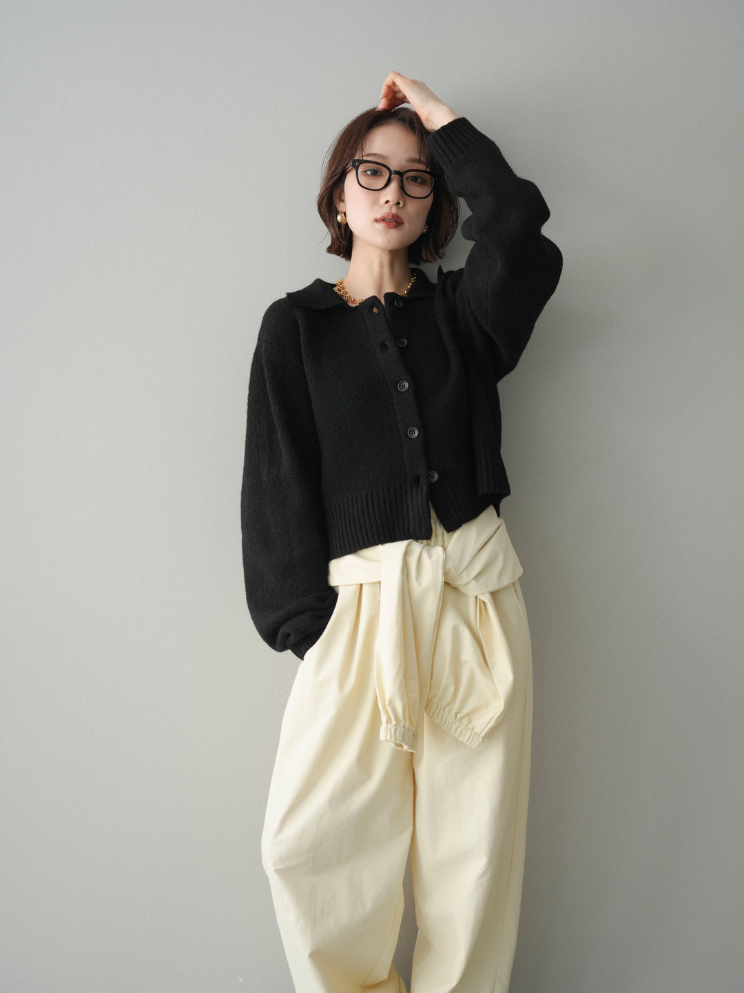 [予約]メランジニット襟付きクロップドカーディガン/black