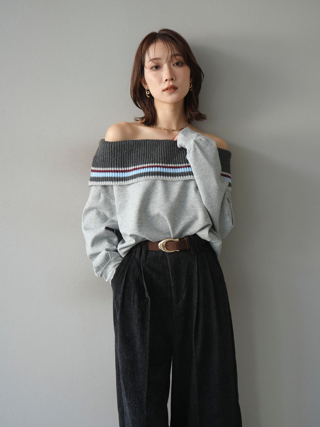 [予約]ボーダーニットオフショルダーxスウェットプルオーバー/gray