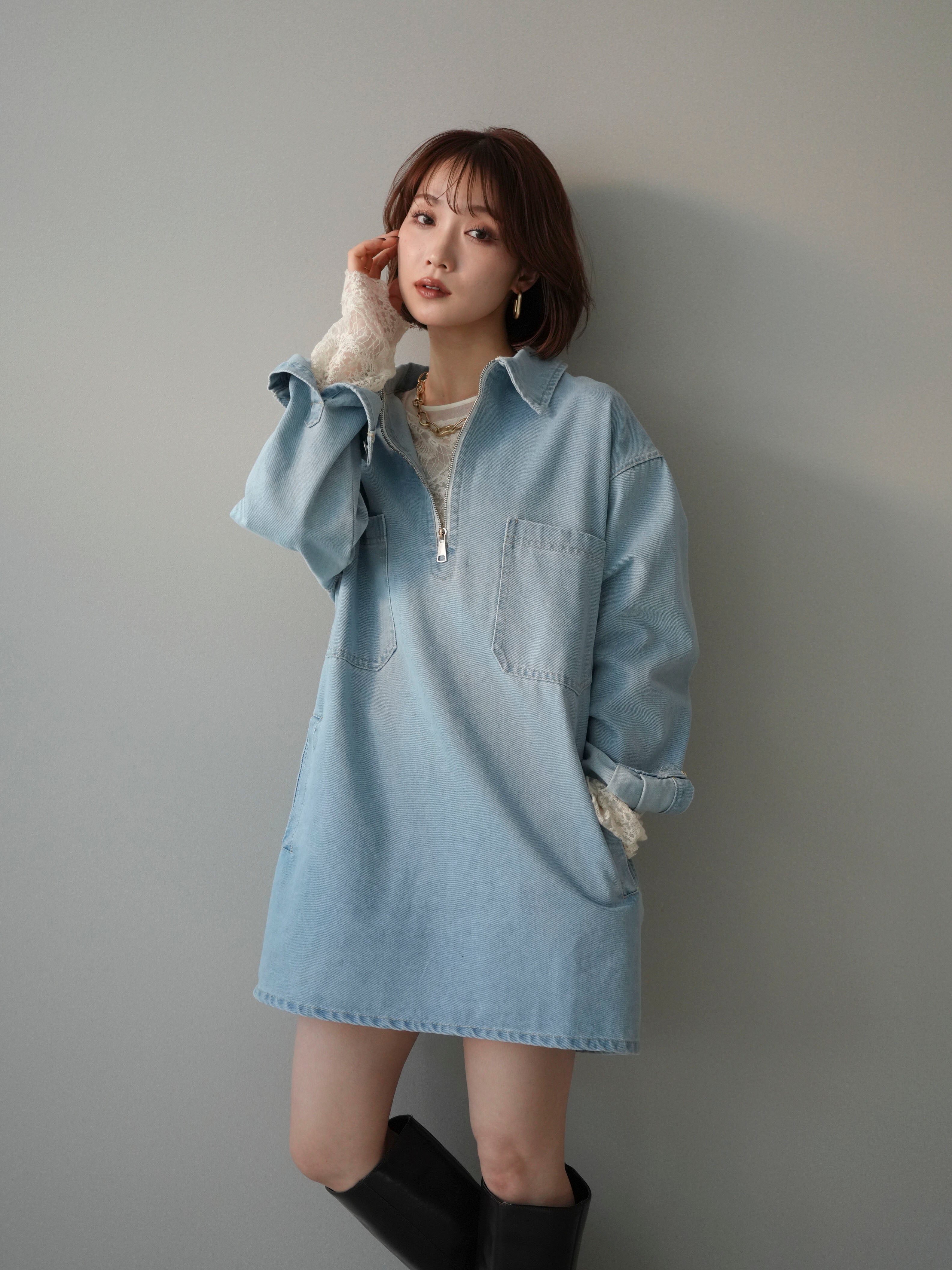 【新品未使用】Lumier ハーフジップデニムミニワンピース/BLUE 予約]ハーフジップデニムミニワンピース/blue – Lumier