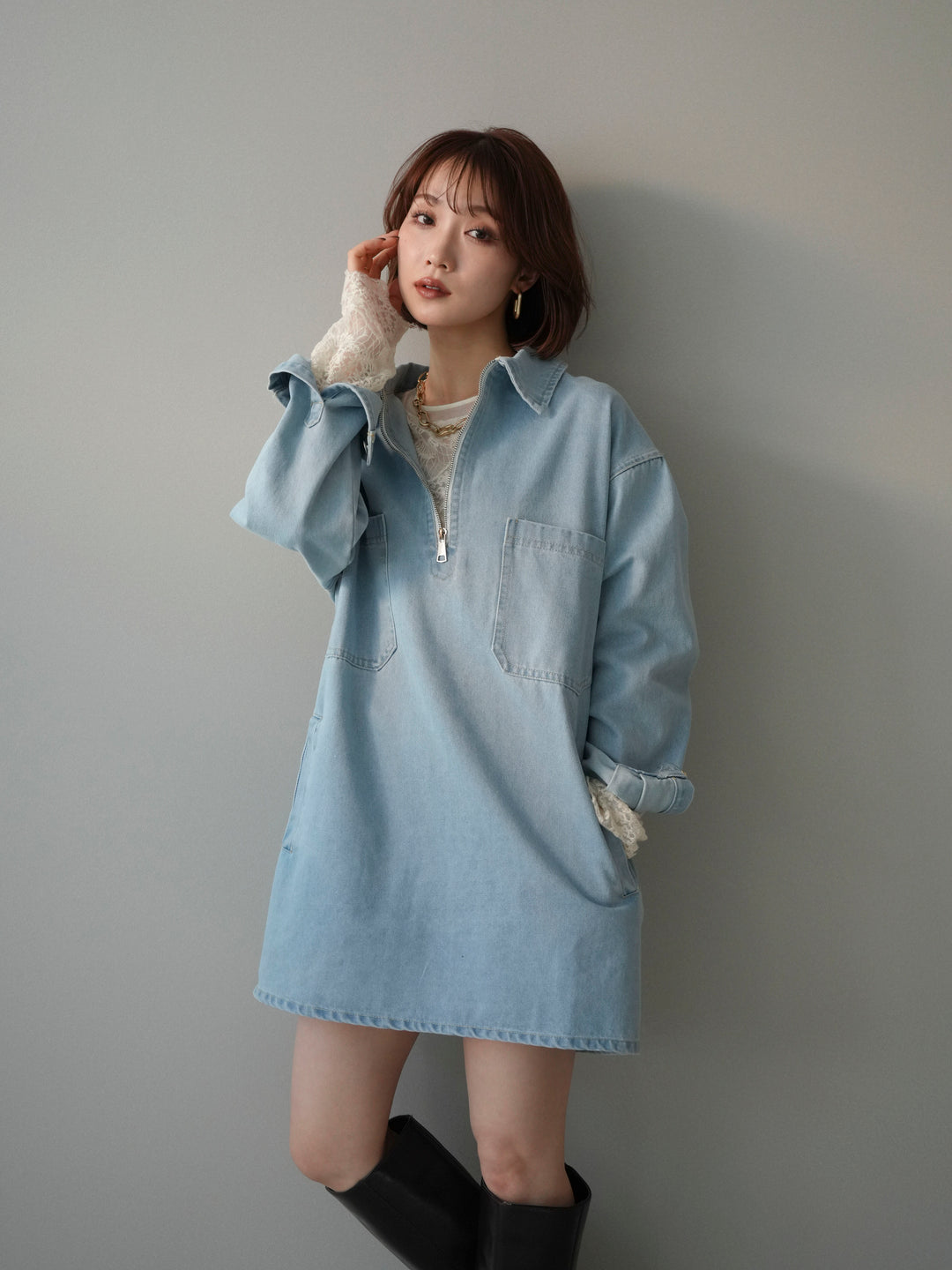 [予約]ハーフジップデニムミニワンピース/blue