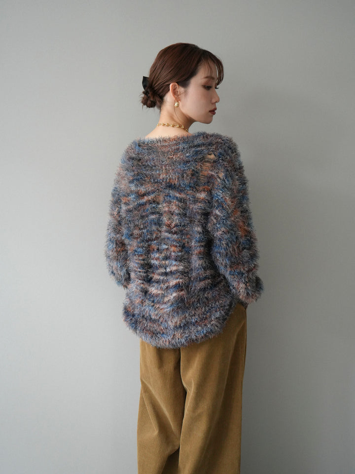 [予約]ミックスシャギールーズニットプルオーバー/blue