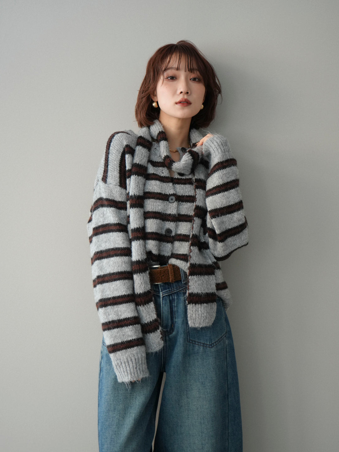 [予約]ボウタイ付きボーダーニットプルオーバー/gray