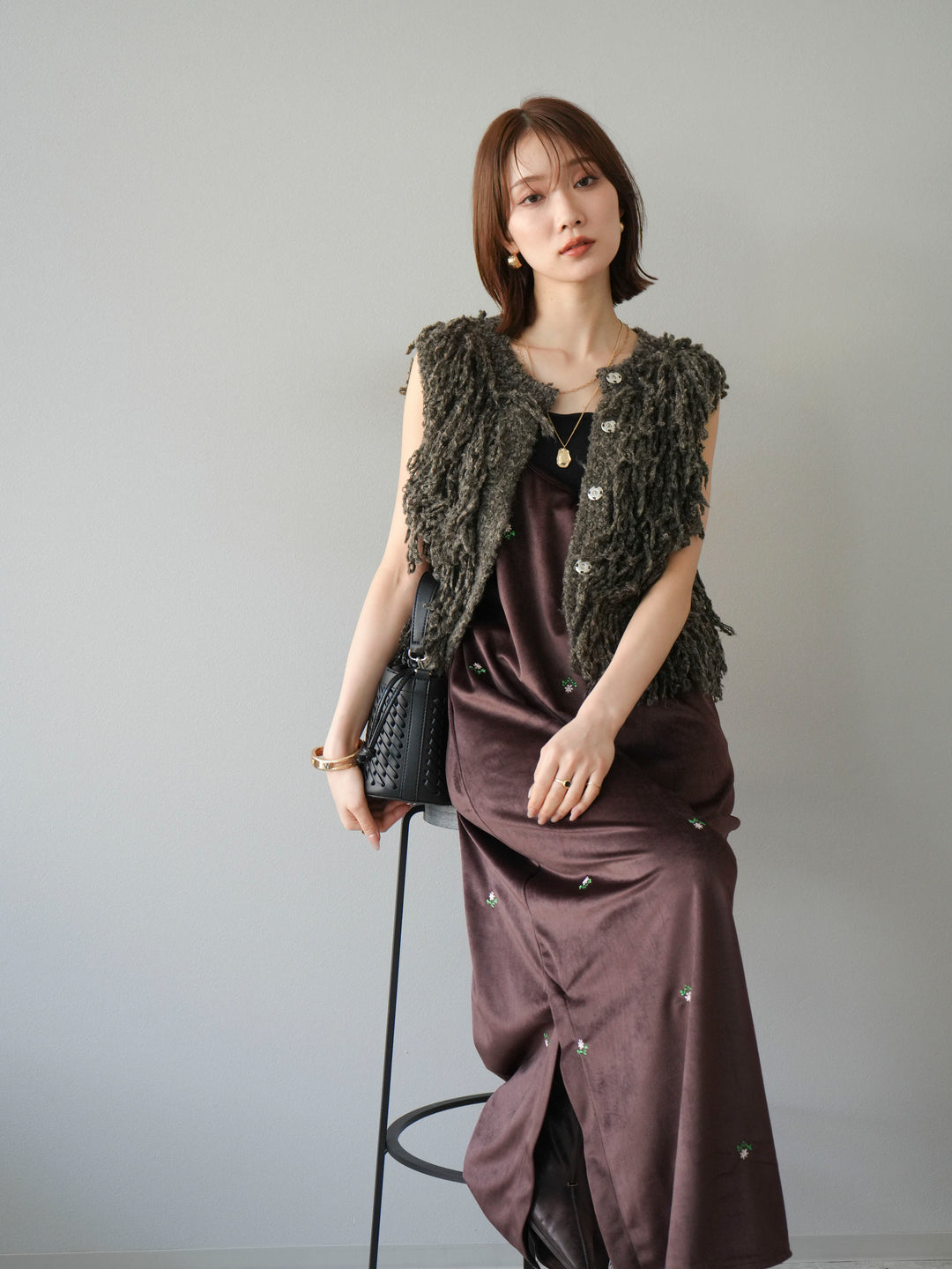 [予約]フラワー刺繍ベロアキャミワンピース/ブラウン