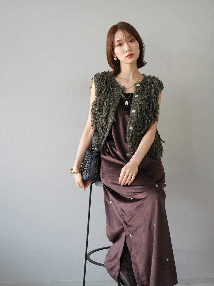 [予約]フラワー刺繍ベロアキャミワンピース/ブラウン